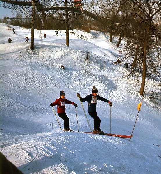 Подъем лыжников на склон, 1960-е, г. Москва. На первом плане – два лыжника поднимаются на гору, в центре и вдали – невысокие горки, лыжники.