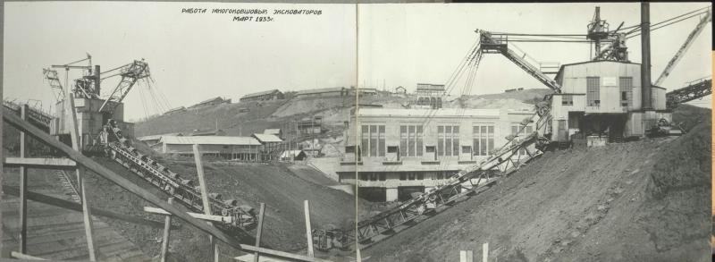 Работа многоковшовых экскаваторов, март 1933, Грузинская ССР. Строительство началось в 1928 году, первый гидроагрегат пущен 1933 году. С 2007 года Рионская ГЭС принадлежит чешской компании.