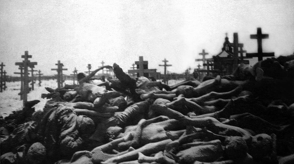 Кладбище. Трупы людей, умерших от голода, 1 декабря 1921 - 28 февраля 1922, Челябинская губ.. Смертность в Троицком и Верхнеуральском уездах составляла 60-70 %.Видео «Помгол: голодные игры советской власти» с этим снимком.