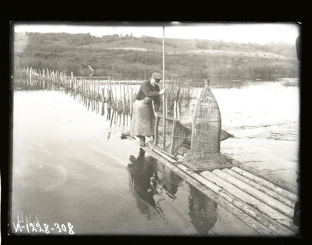 Рыбак ставит «верши» – ловушки на рыбу, 1925 год, Ленинградская губ.. Русские.Выставка «В фотообъективе Кунсткамеры: повседневность» с этой фотографией.