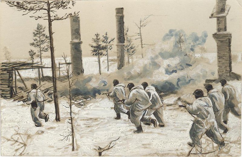 Бойцы подразделения лейтенанта В. Н. Шкурихина преследует немцев, 1943 год