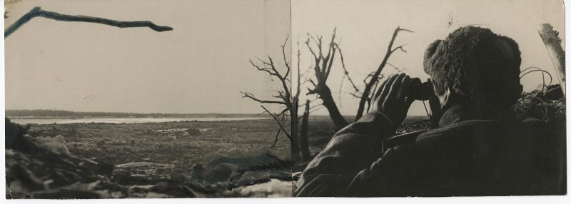 Перед глазами разведчика старшего сержанта А.Смирнова передний край обороны противника, 1941 - 1945. Выставка «Разведчики и снайперы. Невидимый фронт» с этой фотографией.