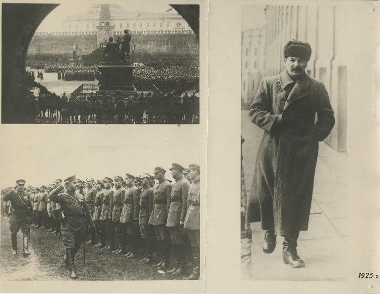 В 1925 году, 1925 год, г. Москва. Мимо строя солдат, отдавая воинское приветствие, идут советские военачальники Михаил Фрунзе и Климент Ворошилов.