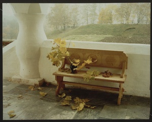 Осень. Букет из клена в вазе, стоящей на скамье, 1980-е. Выставки&nbsp;«Осень целого века», «Язык цветов» с этой фотографией.