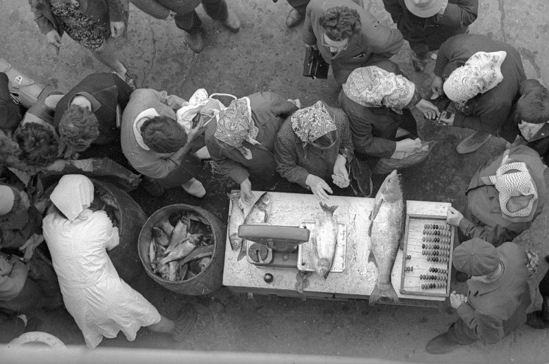 Очередь за рыбой, 1973 год. Выставка «Очередное стояние. Очереди в СССР» и видео «Налетай! Не скупись! Покупай…» с этой фотографией.