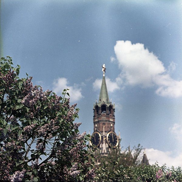 Спасская башня Московского Кремля, 1960-е, г. Москва. Видео&nbsp;«Встреча на Эльбе»&nbsp;и «Весна!», выставка «Май, значит сирень!» с этой фотографией.