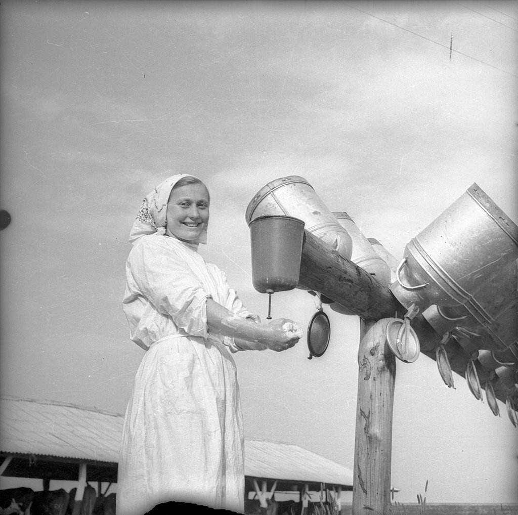 Доярка, 1949 год, совхоз «Гигант». Выставки&nbsp;«Сельские женщины СССР»&nbsp;и «Пейте, дети, молоко – будете здоровы!» с этой фотографией.