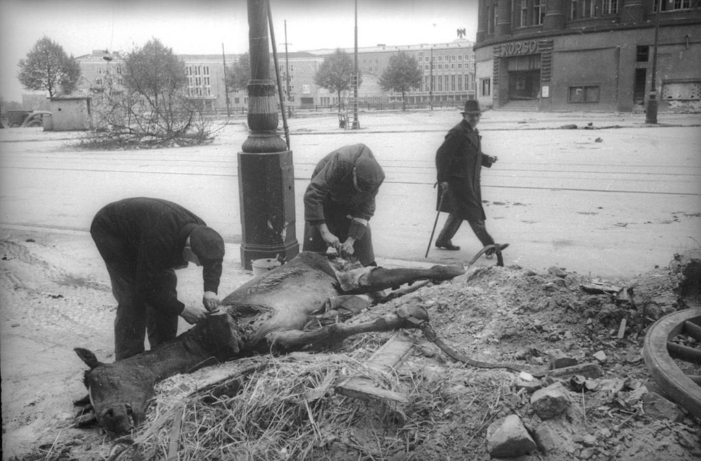 Жители Берлина разделывают труп лошади, 2 - 31 мая 1945, Германия, г. Берлин. Выставки: «Бои за Берлин» и&nbsp;&nbsp;«По коням!» с этой фотографией.&nbsp;