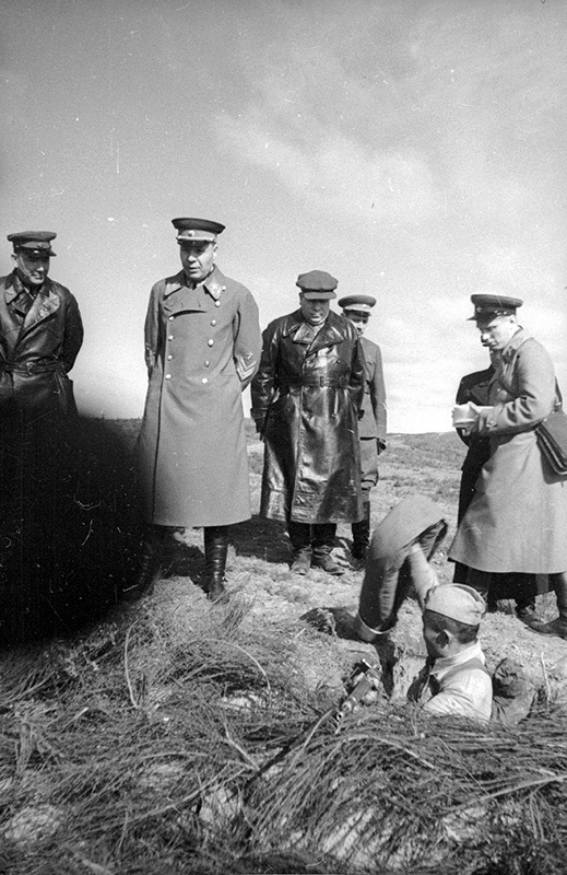 Нарком Семен Тимошенко осматривает маскировку. Тактические учения в Западном Особом военном округе, август - сентябрь 1940