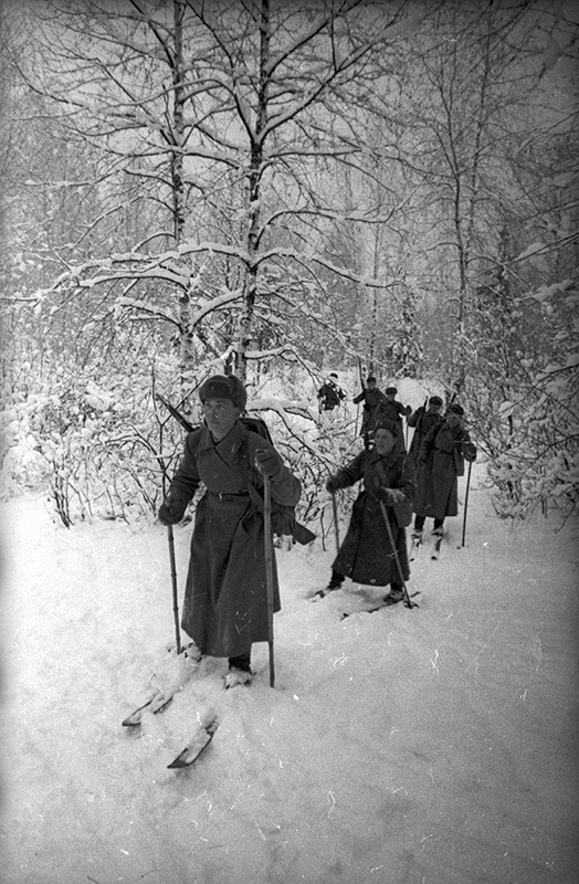 В зимнем лагере. Бойцы на лыжах в лесу, январь - февраль 1940