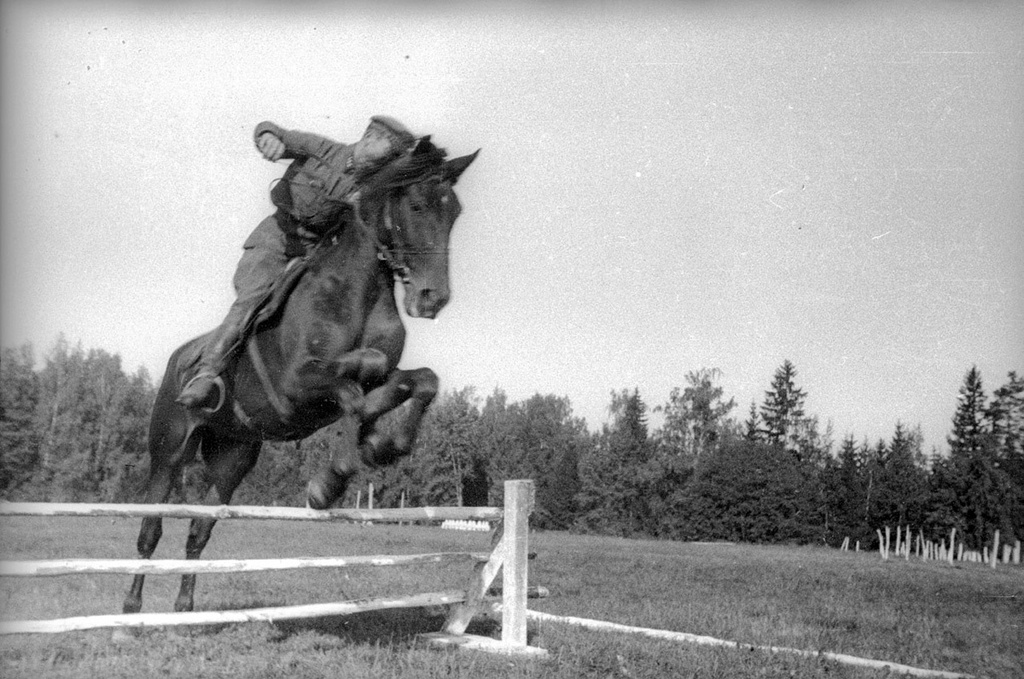 Кавалерист на коне преодолевает преграду, 1939 год