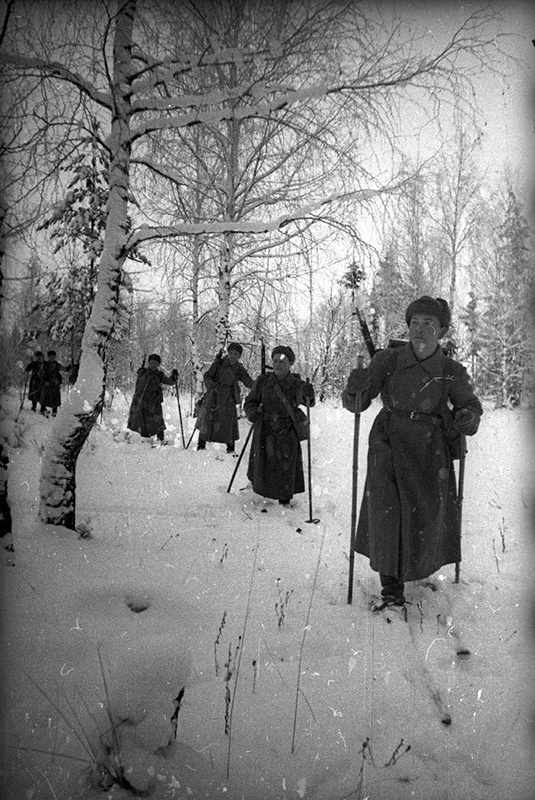 В зимнем лагере. Бойцы на лыжах в лесу, январь - февраль 1940
