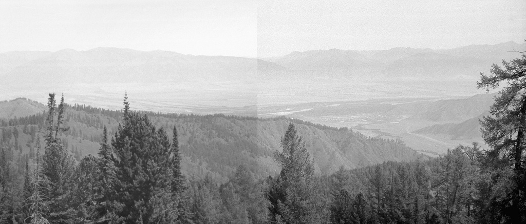 Панорама на Уймонскую долину, 6 августа 1989, Горно-Алтайская АО. Панорама смонтирована из двух фотографий. 