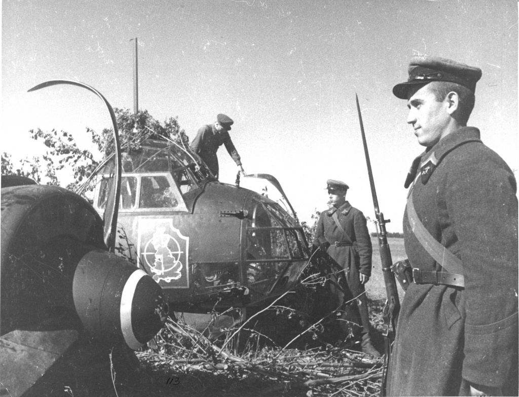 Первый сбитый самолет фашистов над Киевом, 1941 год. Выставка «Хроника военных дней в фоторепортажах Виктора Темина» с этой фотографией.
