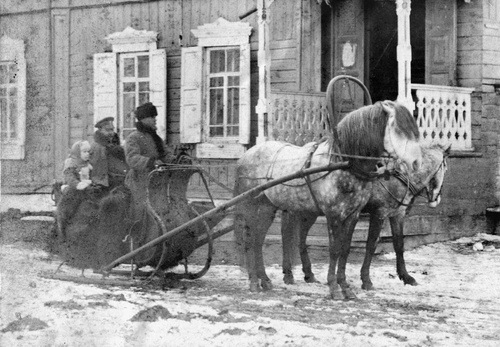 Упряжка, запряженная лошадьми, у крыльца дома, 1890 год, г. Омск