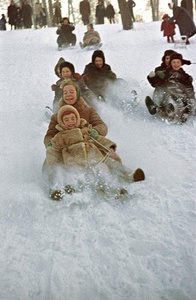 Веселое катание, 1962 год, Ленинградская обл., дер. Кавголово. Выставки&nbsp;«15 фотографий катаний на санках», «Движение вниз», «Санки. Зимнее развлечение не только для детей»&nbsp;и видео «Зима» с этой фотографией.