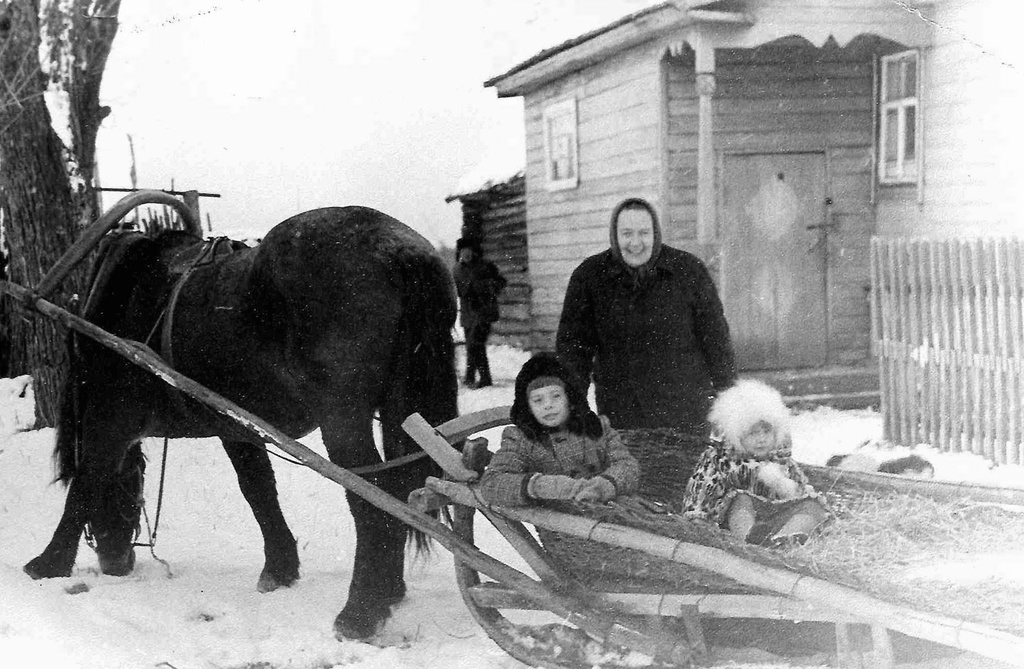 В повозке у дома зимой, 1979 - 1980, Калининская обл., дер. Берниково. Выставка «Немного из жизни одной деревни» с этой фотографией.&nbsp;