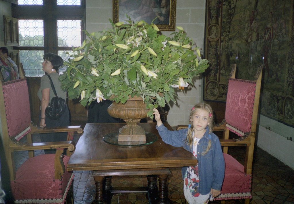 Российские туристы путешествуют по Франции. Настя Карлова в  замке Шенонсо, июль 1999, Франция, дер. Шенонсо. Выставка «Язык цветов» с этой фотографией.