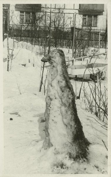 Зима. Снежные фигуры, 1970-е, Ярославская обл., г. Мышкин. Выставка «Снеговик, снеговик, жить на холоде привык» с этой фотографией.