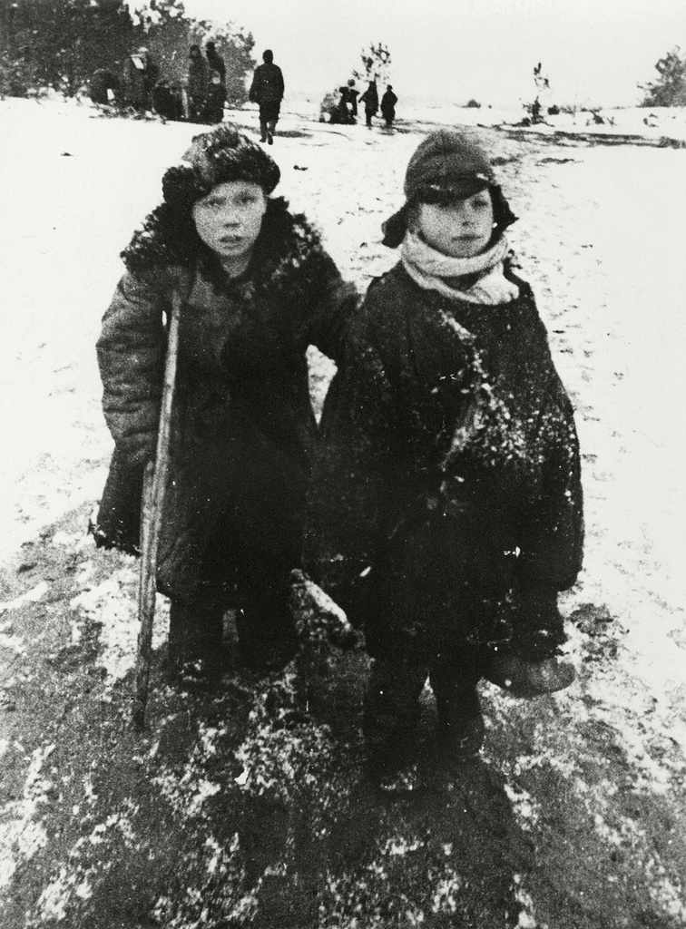 Братья 11-летний Моисей и 9-летний Гриша Беляковы из Кировского района Могилевской области. Их мать погибла в  концлагере Озаричи, 18 марта 1944, Белорусская ССР, Озаричи. Выставка «Дети на войне» с этой фотографией.