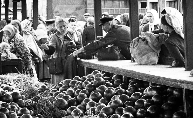 Колхозный рынок. Торговля арбузами, 1958 год, Украинская ССР, г. Харьков. Выставка «Арбуз или дыня?» с этой фотографией.