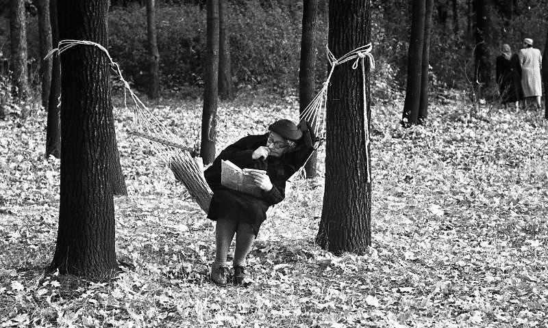 В городском парке, 1958 год, Украинская ССР, г. Харьков. Выставка «10 фотографий в гамаке»&nbsp;видео «Читают все» с этой фотографией. 