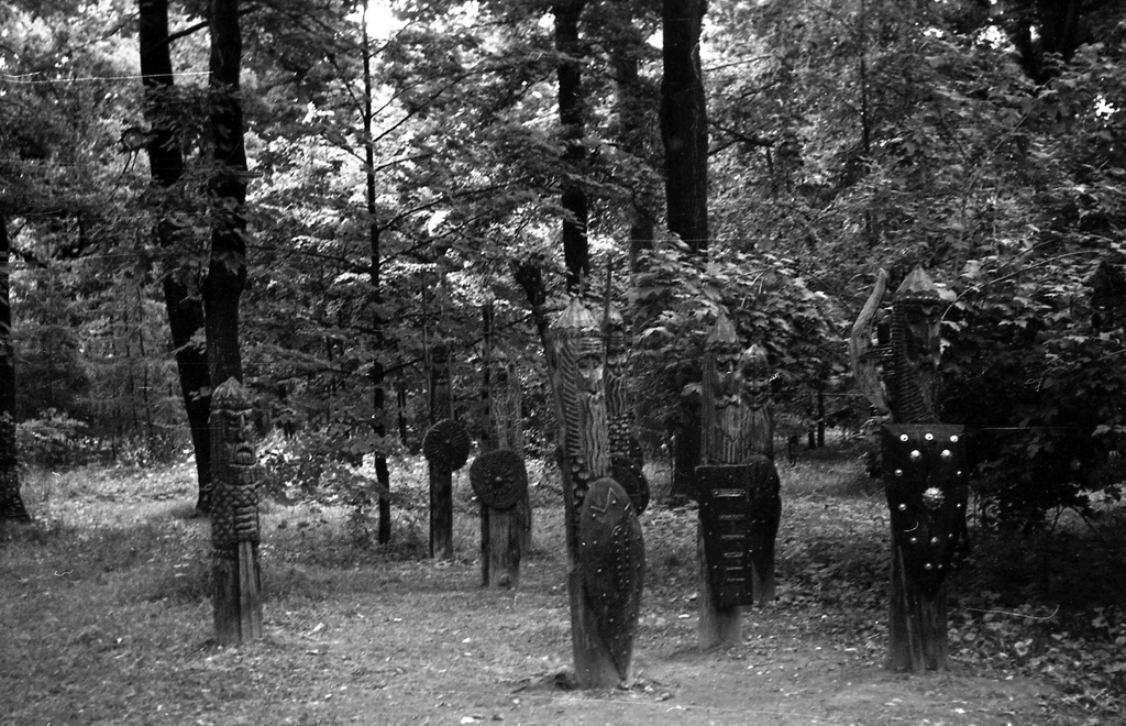 Предположительно, что эти деревянные скульптуры находились в Ботаническом саду (или ВДНХ), июль 1977, г. Москва
