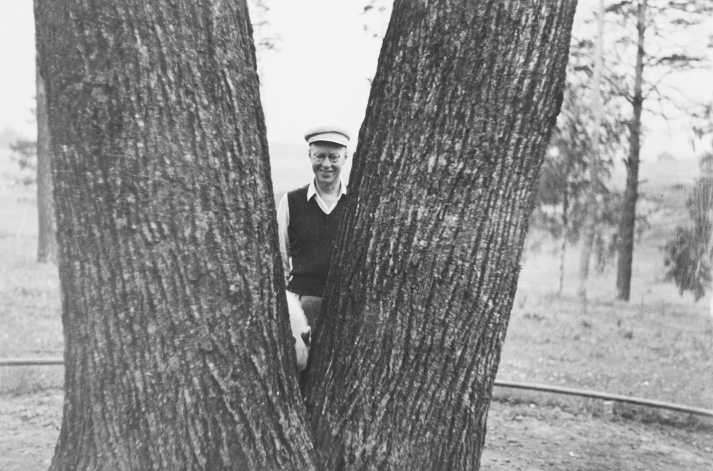 Сергей Прокофьев на даче. Стоит между двумя стволами деревьев, улыбаясь, 1947 - 1949