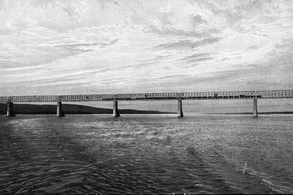 «Волга, какой она была». Александровский (Сызранский) мост, 1901 - 1910, Самарская губ.. Строительство моста было начато в 1876 году. Открыт 30 августа 1880 года, на момент открытия был самым длинным мостом Европы (1т485 метров, 13 пролетов) и первым железнодорожным мостом через Волгу в ее среднем и нижнем течении.Выставка «Волга, какой она была» с этой фотографией.