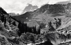 Киргизская экспедиция СОПС, 1944 год, предгорья Тянь-Шаня, 1944 год, Киргизская ССР. Выставка «Южно-Киргизская экспедиция СОПС, изучавшая леса предгорий Тянь-Шаня в 1944 году» с этой фотографией.Совет по изучению производительных сил (СОПС) – научно-исследовательская организация при АН СССР (1930–1960). В 1941–1960 годах СОПС проводил работы, целью которых являлась мобилизация ресурсов восточных районов для нужд народного хозяйства в Великую Отечественную войну, послевоенного восстановления и развития экономики. В 1930–1950-х годах Совет организовал около 100 комплексных научных экспедиций по мобилизации ресурсов страны, совершенствованию размещения производительных сил. Киргизская экспедиция СОПС занималась изучением лесов северных предгорий Тянь-Шаня.