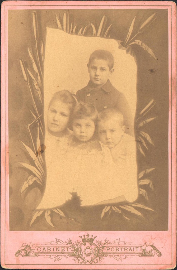 Петр Алексеев с двоюродными братом и сестрами, 13 января 1897. Надпись на обороте: «Дорогой тете от племянниц и племянников Петрушки, Сережки, Юлии и Шурки». Снято в Казани или Ташкенте.&nbsp;