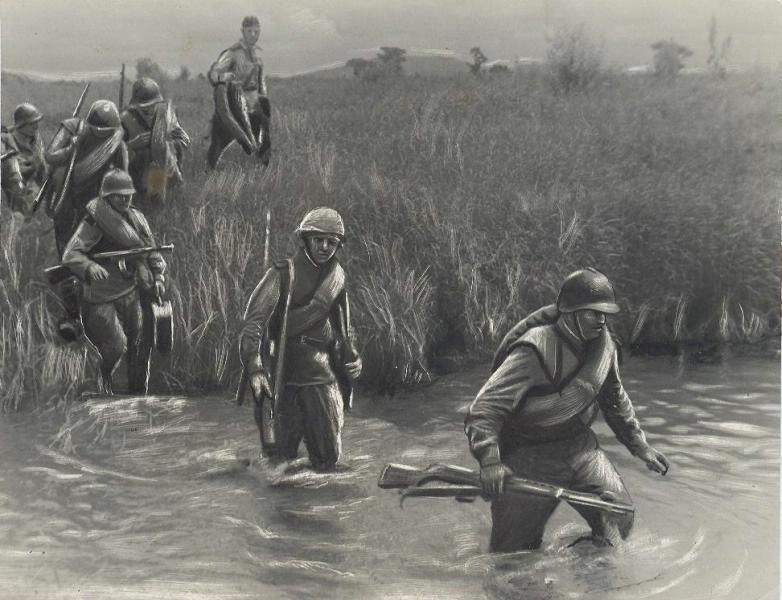 Бойцы роты лейтенанта Маврютова форсируют реку, 1943 год
