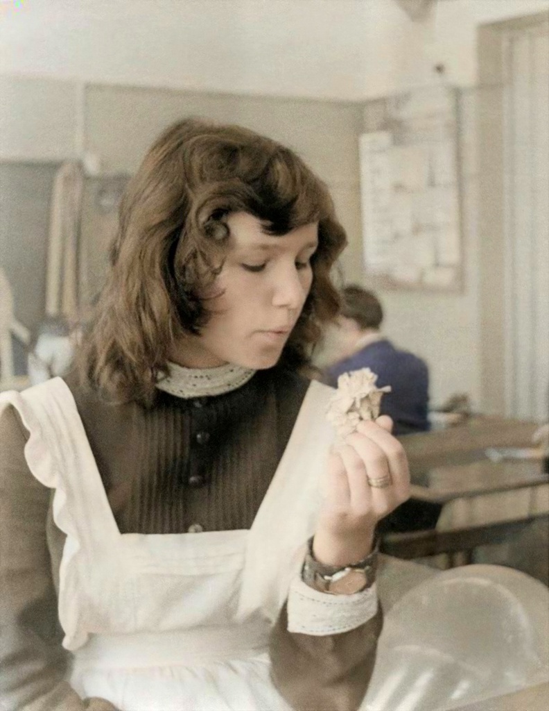 Школа № 301 в Свиблово. 8 класс «В». Последний звонок, май 1977, г. Москва. Кабинет математики. Одноклассница и цветок. Колоризация и фильтр.