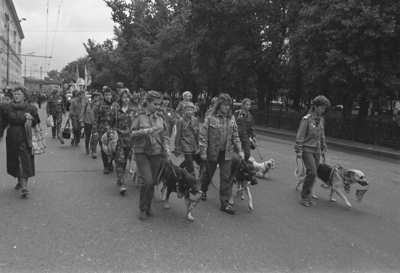 Из серии «День животных», 2 сентября 1990, г. Москва. Члены Клуба юных собаководов – КЮС (возможно, при Московском городском Дворце пионеров).