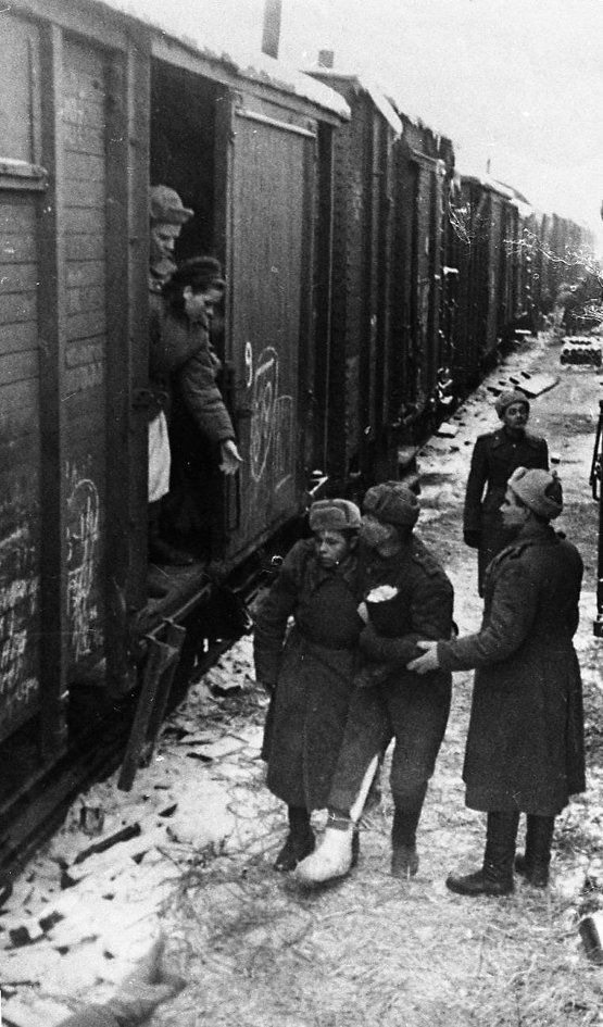 Первый Украинский фронт. Поезд доставил раненых, 1943 год. Выставка «Военные фотографии Елизаветы Микулиной» с этим снимком.