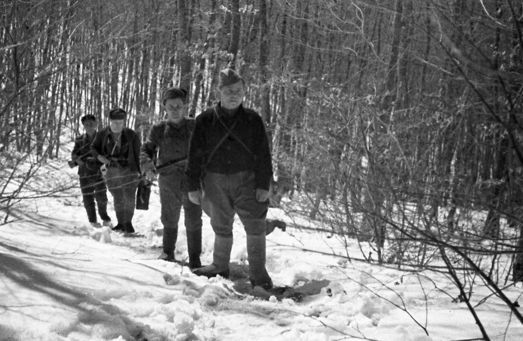 Партизаны Северного соединения Крыма, 1 января 1944 - 28 февраля 1944, Крымская АССР. Секретарь подпольного обкома ВКП(б), комиссар партизанского движения Крыма, батальонный комиссар Николай Дмитриевич Луговой (на первом плане) с партизанами.Выставка «Партизаны Крыма» с этой фотографией.