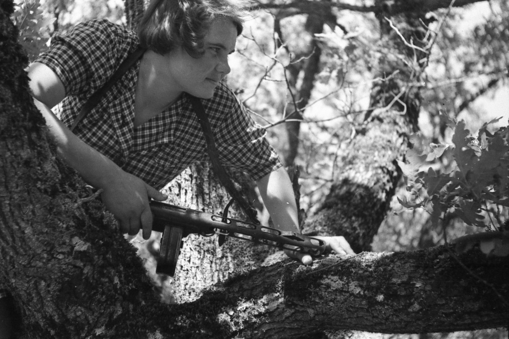 Партизаны Северного соединения Крыма, июнь - август 1943, Крымская АССР. Разведчик 1-й бригады Наталья Федоровна Деулина («Лена») в дозоре.Выставка «Партизаны Крыма» с этой фотографией.
