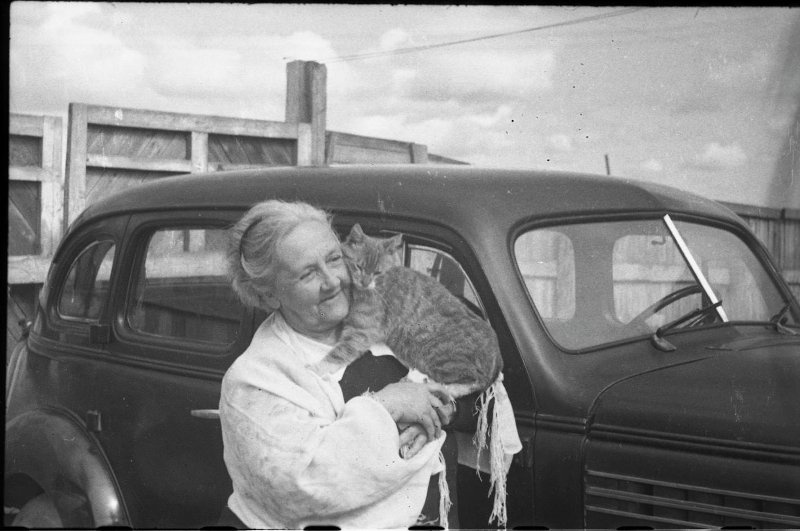 Мать Веры Чаплиной, Лидия Владимировна Чаплина с кошкой у автомобиля, июнь - август 1950, г. Петрозаводск