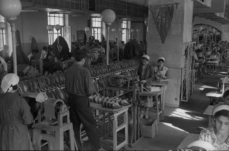 В цеху «Первой обувной фабрики», 1955 - 1965, Армянская ССР, Ереван. Цех обувной фабрики с работающими людьми: в несколько рядов стоят станки, в центре - длинные стояки с заготовками обуви.