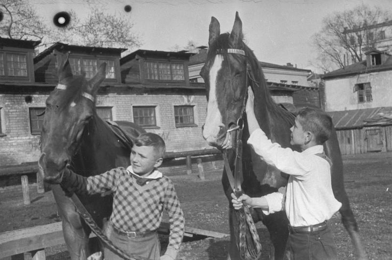 Конно-спортивная база. Борис Милов и Витя Слуцкин с лошадьми, 1938 год, г. Москва