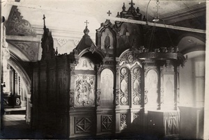 Фрагмент интерьера Покровской церкви «Кипарисовый иконостас» Спасского монастыря, стоял в Покровском храме с правой стороны, 12 марта 1928, Владимирская губ., г. Муром