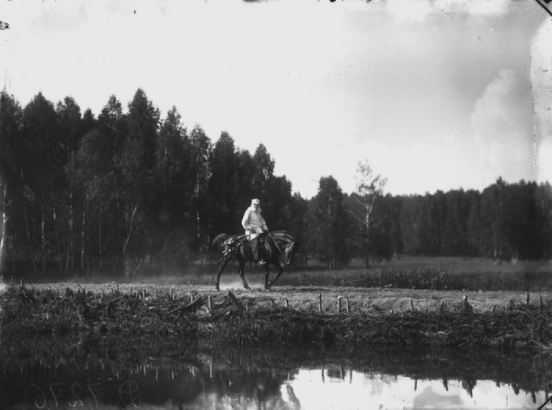 Лев Толстой верхом на Делире, июль 1908, Тульская губ., дер. Ясная поляна