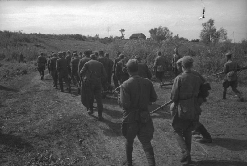 Брянский фронт. Група немецких военнопленных, идущих по дороге, 1941 год