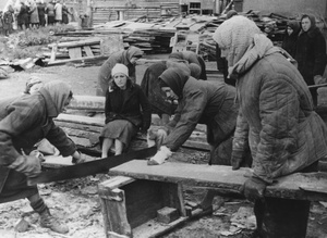 Тяжелые дни блокады. Заготовка дров, 1941 - 1943, г. Ленинград. Видео&nbsp;«Блокадный Ленинград. "Эстафета жизни"»,&nbsp;«Михаил Исаковский. "Русской женщине"» и выставка «Женщины на войне» с этой фотографией.