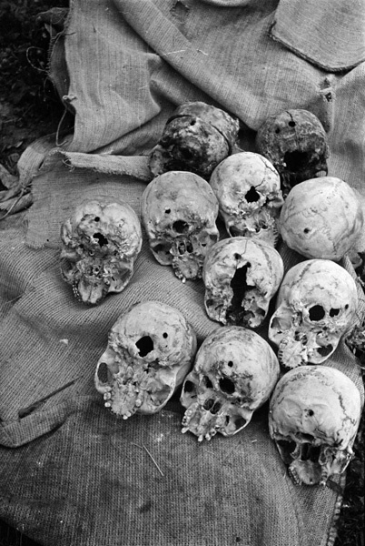 Эксгумация. Черепа с пулевыми отверстиями, август 1943, г. Орел. Орловская концентрационная тюрьма.