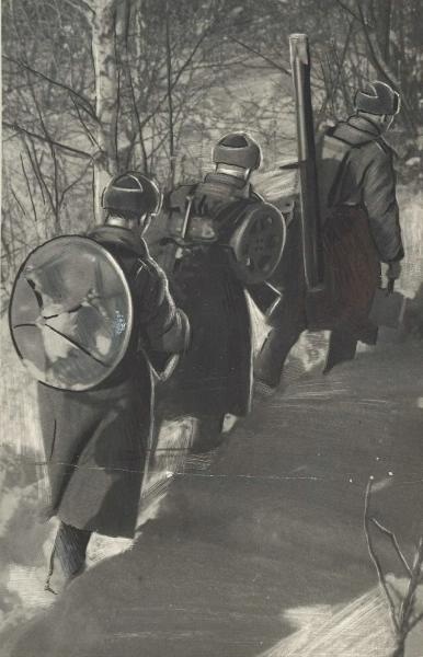 Минометчики сержанта С. Барсукова на смене огневой позиции, 1942 год