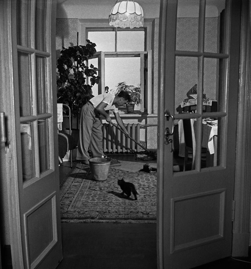 «Гусев убирает квартиру», 1958 год. Выставки «Квартирный вопрос», «Советское новоселье»,&nbsp;«Мужской день»&nbsp;и «Без кота и жизнь не та» с этой фотографией.&nbsp;