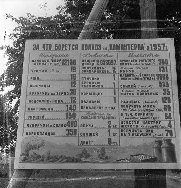 Доска показателей, 1957 год, Тамбовская обл., колхоз «Коминтерн». 