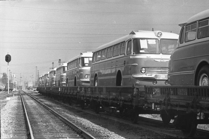 Железнодорожные платформы с автобусами, 1960-е. Выставки&nbsp;«Городские вездеходы»&nbsp;и «История страны под стук колес» с этой фотографией.