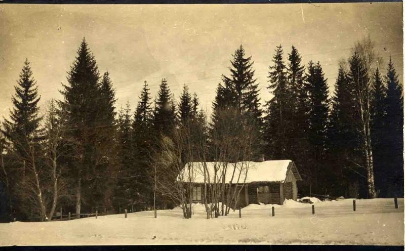 Зимний лесной пейзаж с деревянным домом, 1910-е